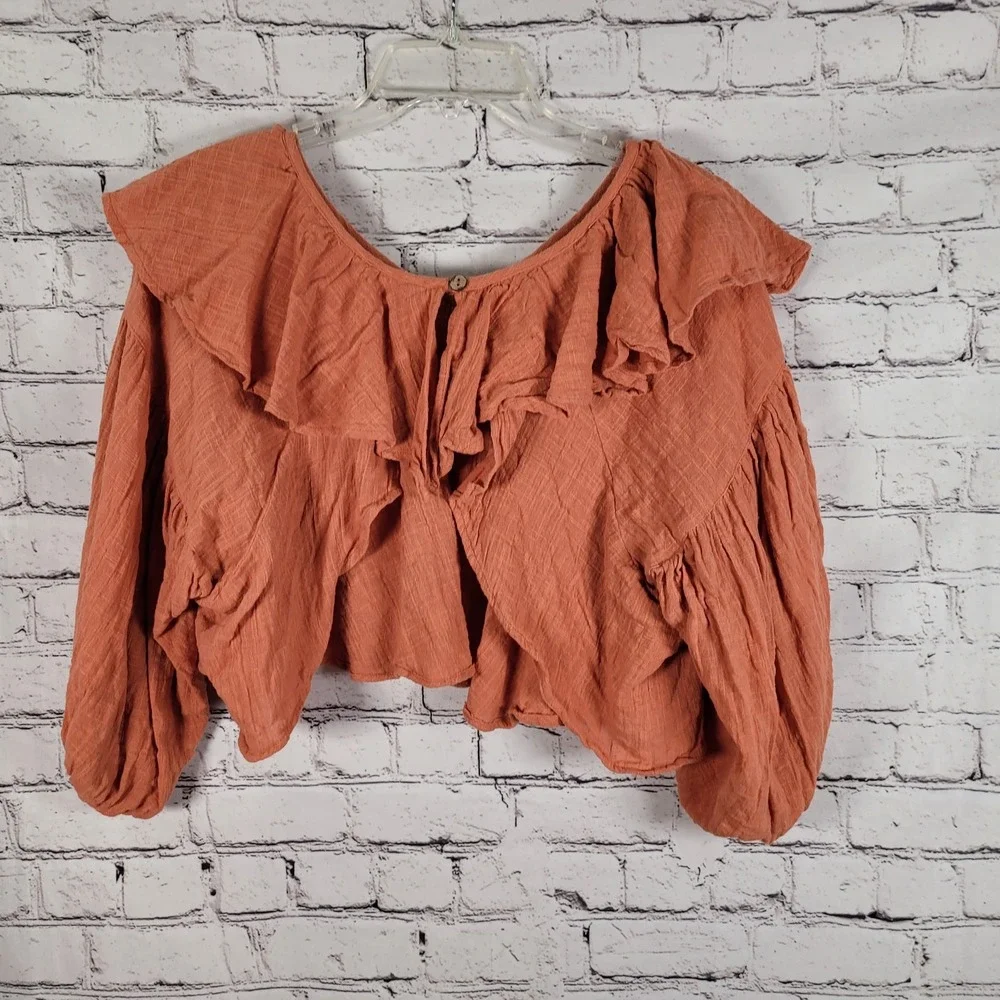 Free People – Zuri Orange Gauze Open Back Ruffle Puff Sleeve Crop‎ Blouse Size S